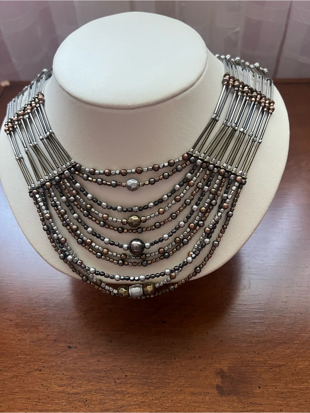 Layered Silver and Bronze Multi-Strand Beaded Necklace